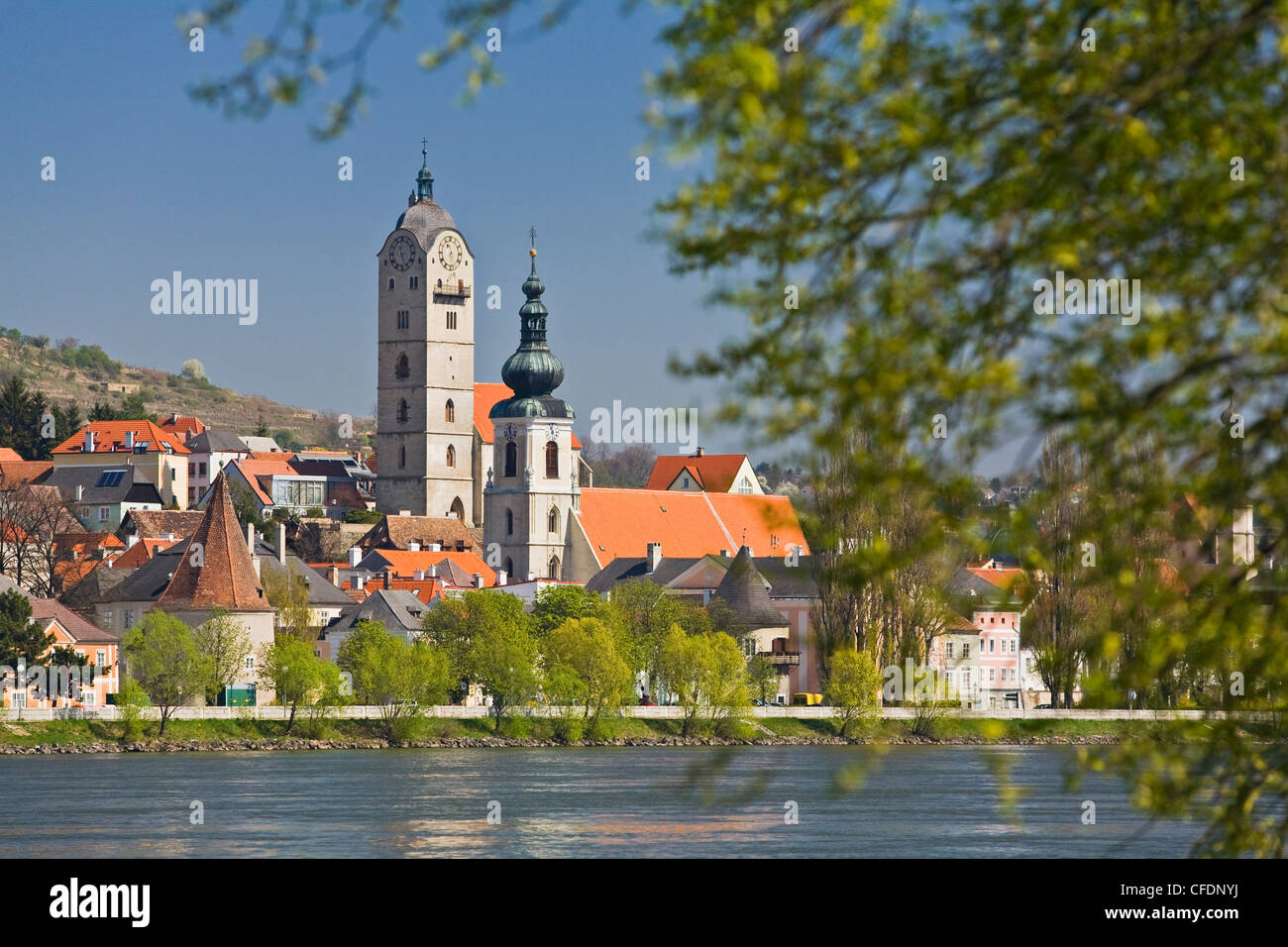View of the town of Krems with church in the sunlight, Wachau, Lower Austria, Austria, Europe Stock Photo