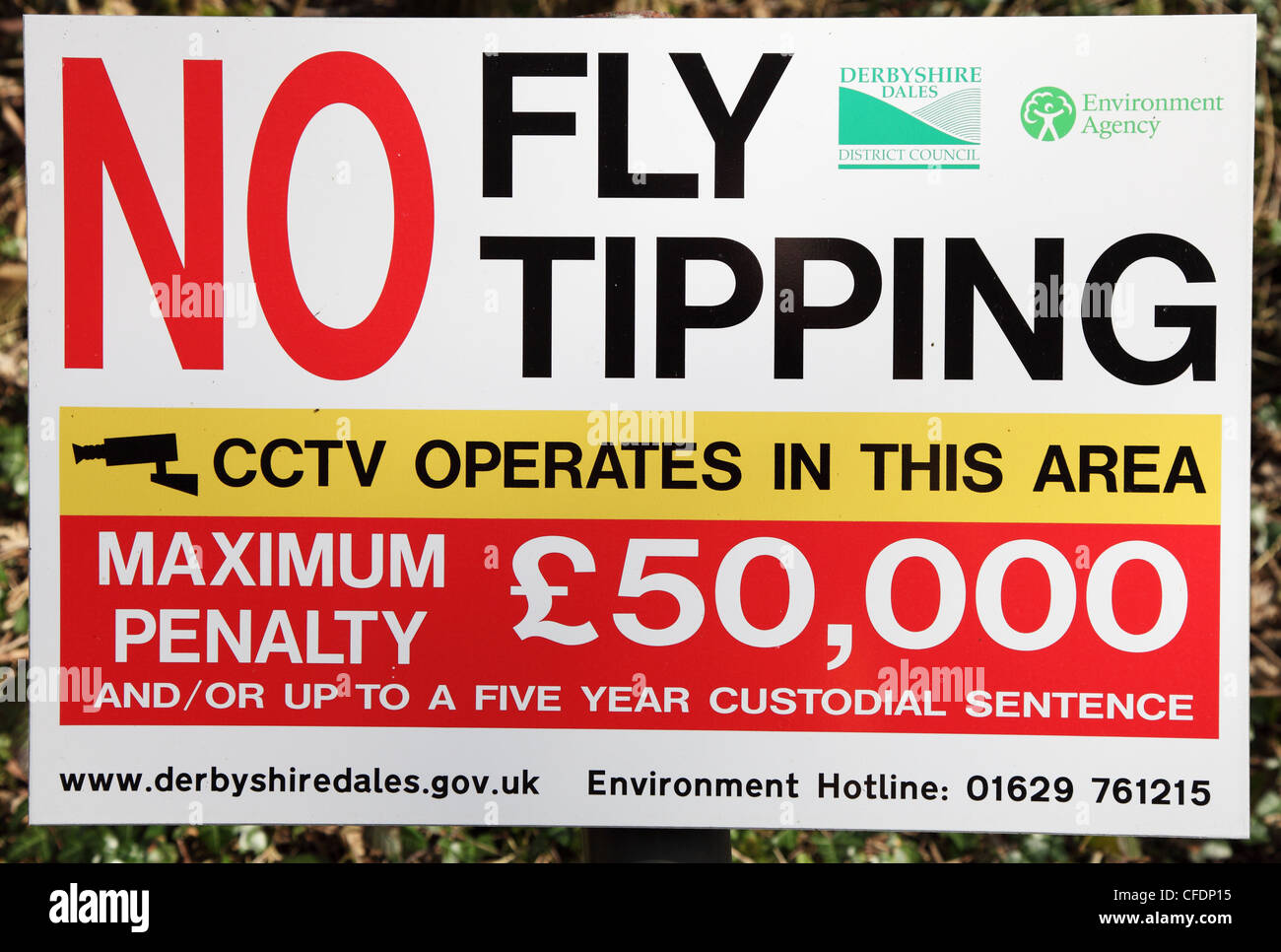 Notice or sign No Fly Tipping Maximum Penalty £50,000 Derbyshire England UK Stock Photo