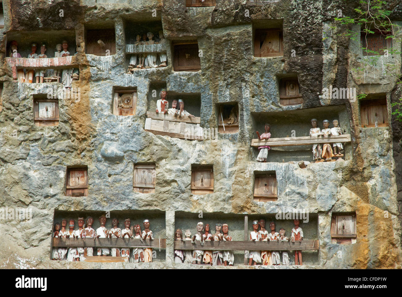 Effigies of the dead in cliffs, Toraja cemetery, Lemo, Tana Toraja ...