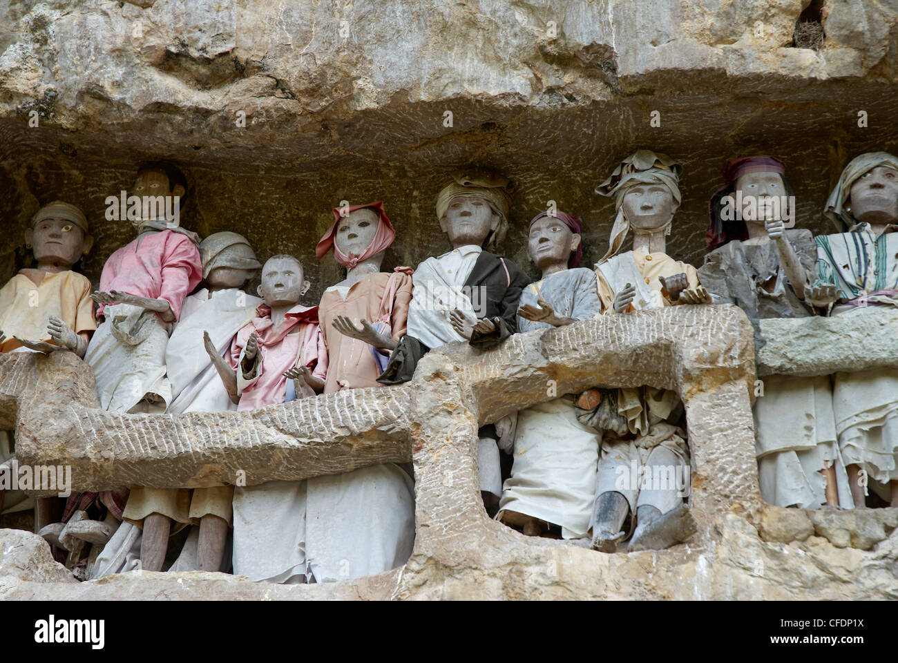 Effigies of the dead in cliffs, Toraja cemetery, Lemo, Tana Toraja ...