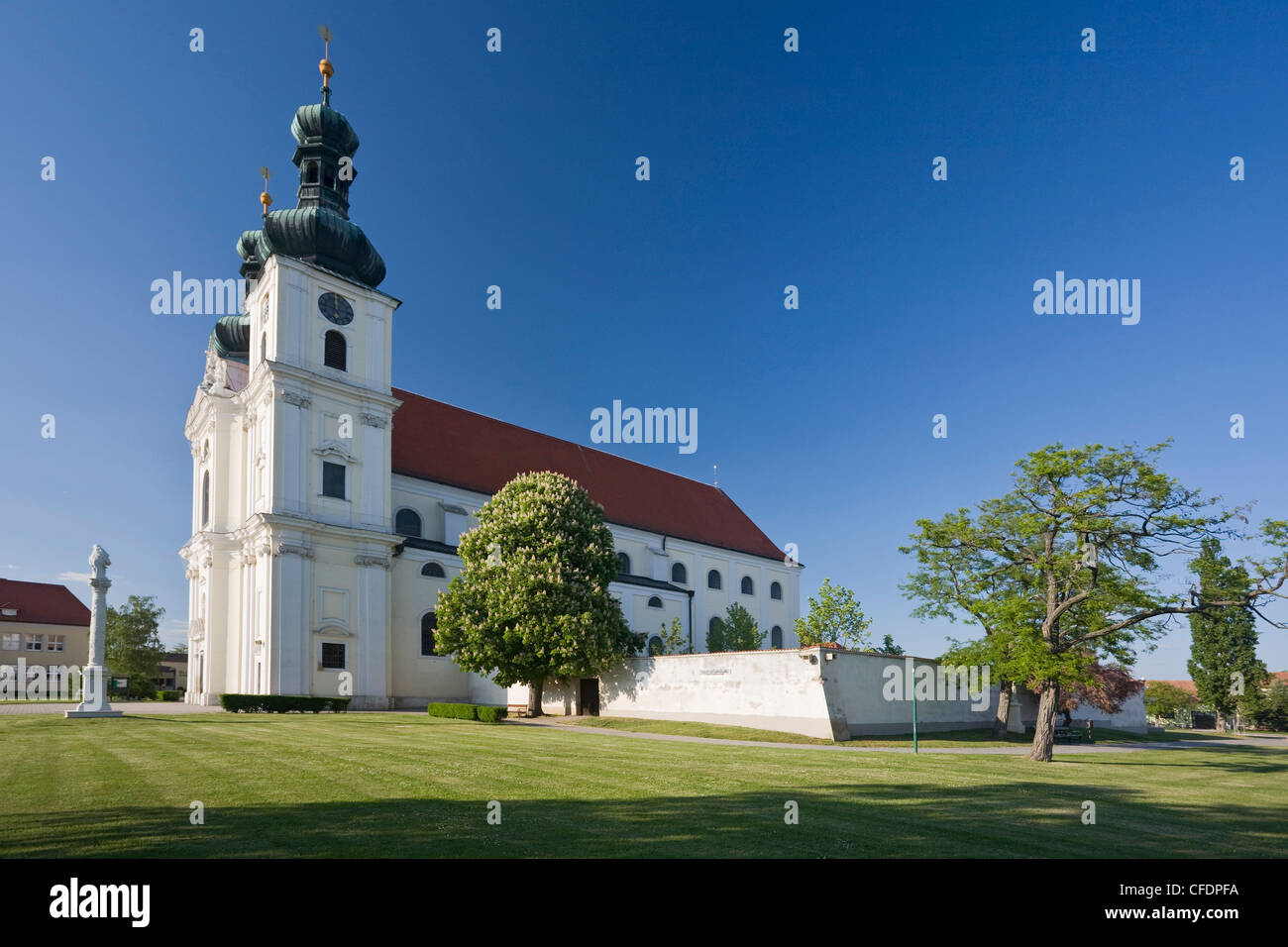 Basilica under blue sky, Frauenkirchen, Lake Neusiedl region, Burgenland, Austria, Europe Stock Photo