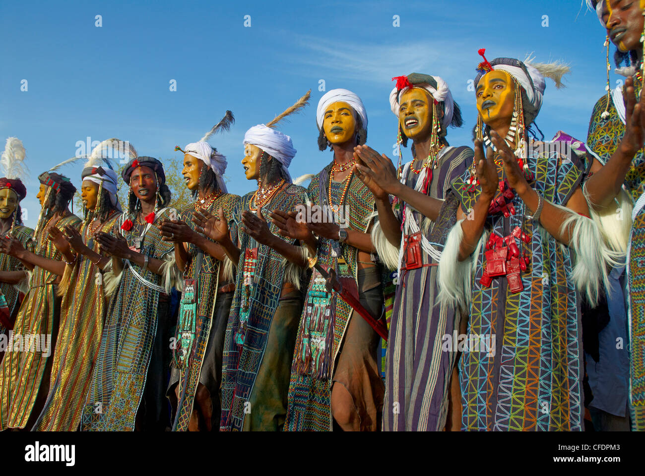 Wodaabe (Bororo) men at the Gerewol beauty contest, the reunion for the Wodaabe Peul (Bororo Peul) people, Niger Stock Photo