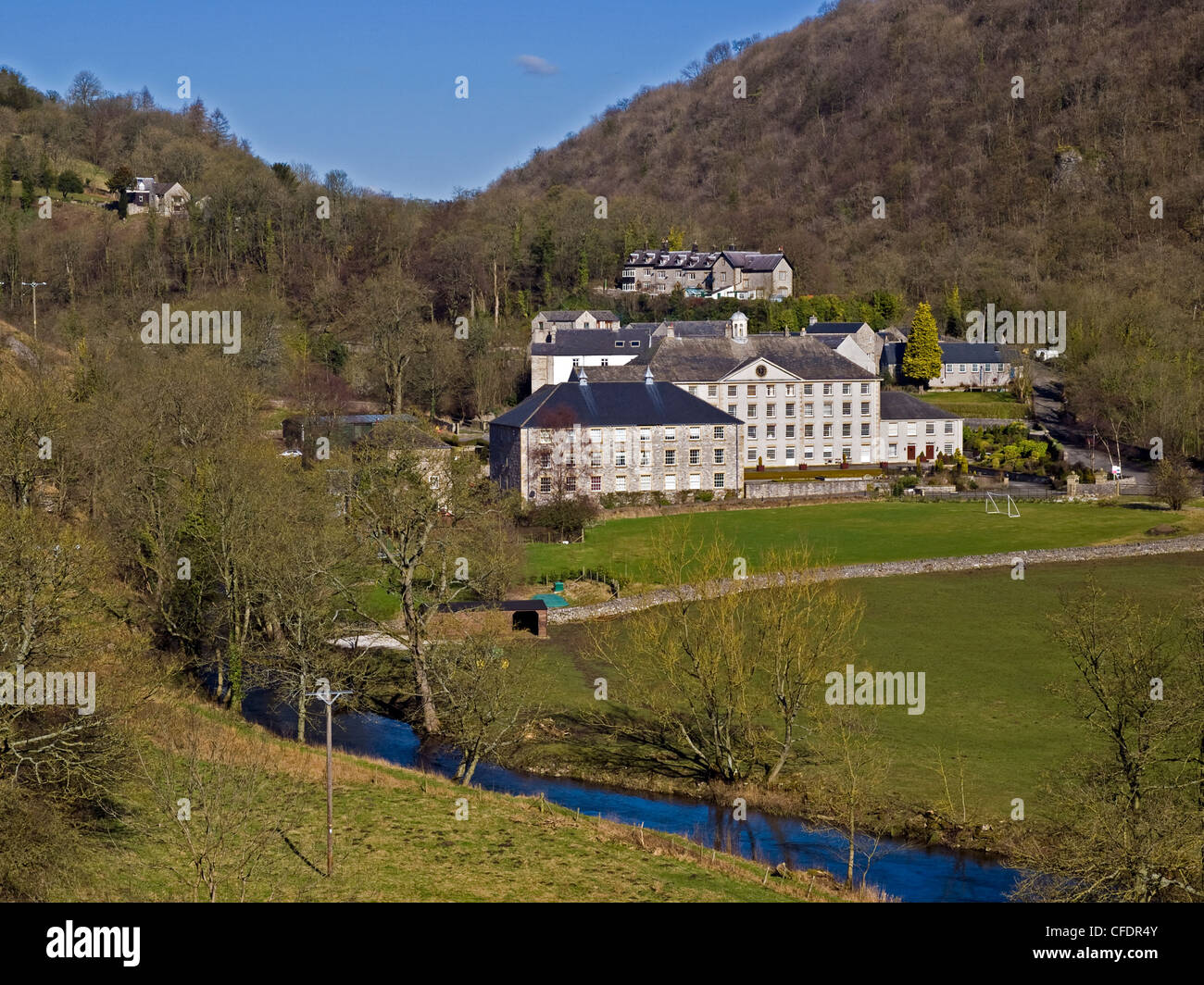 Cressbrook Mill and the River Wye, Derbyshire, Peak District National Park Stock Photo