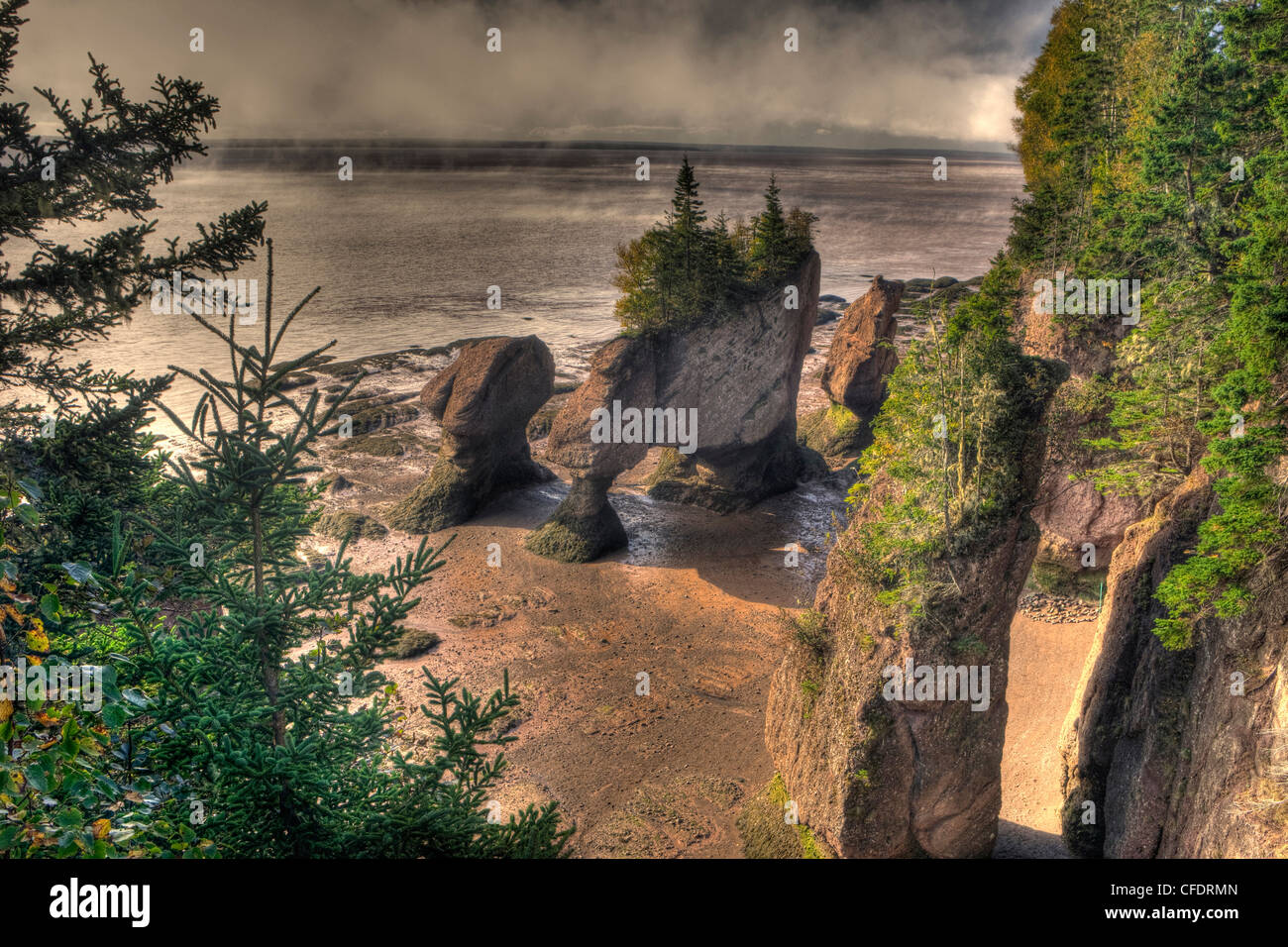 Fog Lifting, Hopewell Rocks, Flowerpots, Sandstone, Hopewell, Bay of Fundy, New Brunswick, Canada Stock Photo