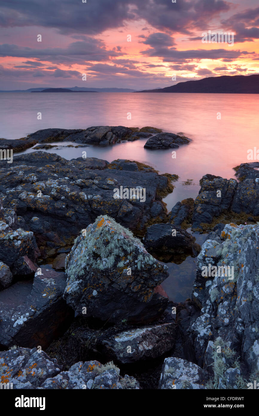Sunset at Drumbuie on the West Coast of Scotland near the Kyle of Lochalsh looking across towards the Isle of Skye, Scotland, UK Stock Photo
