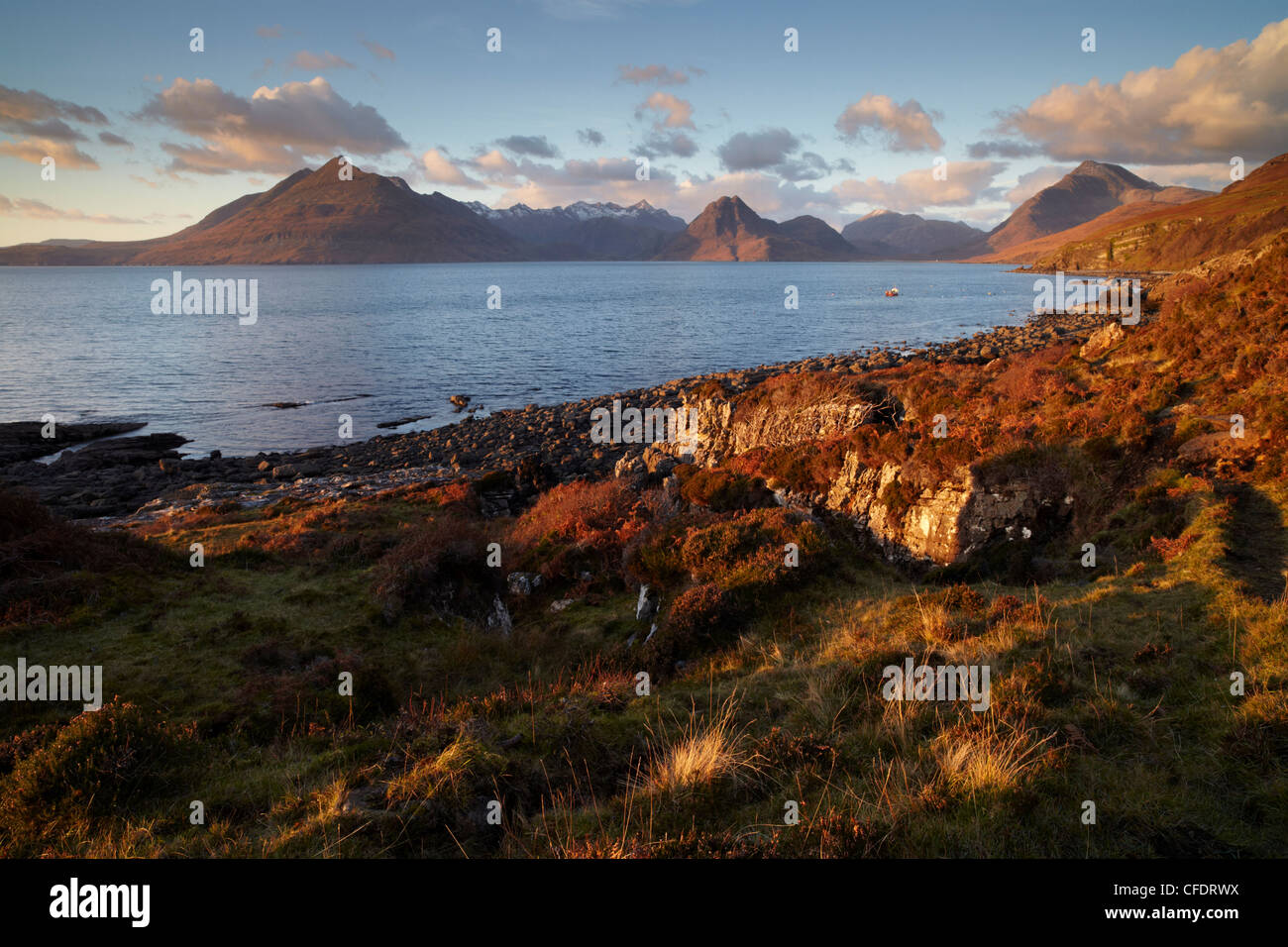 A November afternoon on the Isle of Skye at Elgol looking across Loch Scavaig towards the Cuillin Mountains, Scotland, UK Stock Photo