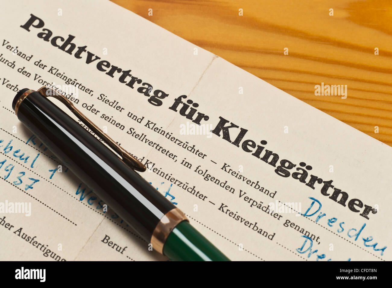 old lease contract for allotment holders from 1968, German language and a fountain pen Stock Photo