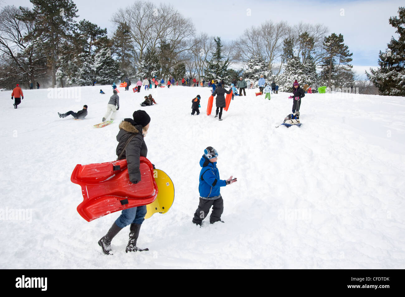 People sledding in Central Park after a snowstorm in New York City, New