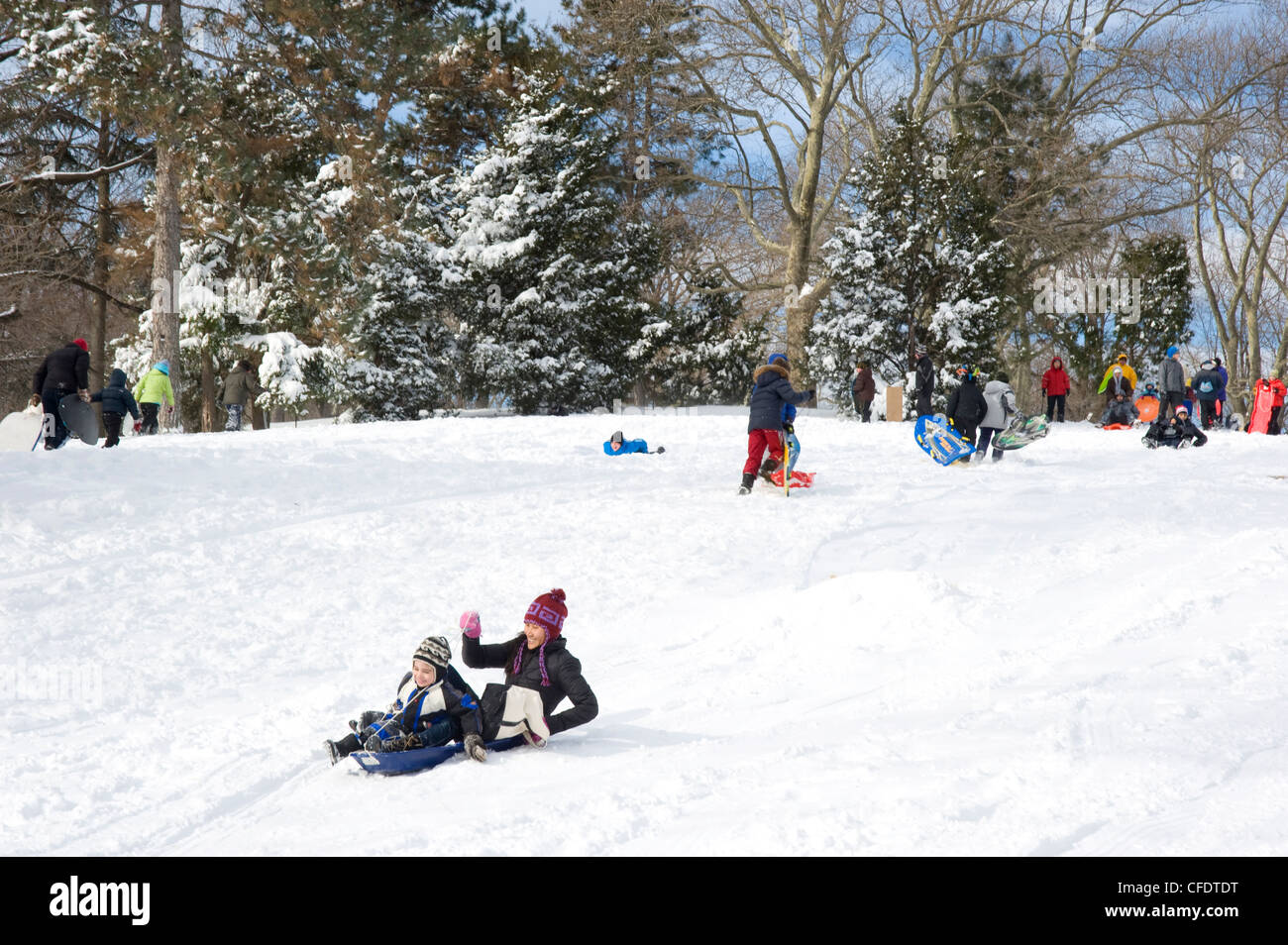 Children sledding in Central Park after a blizzard in New York City