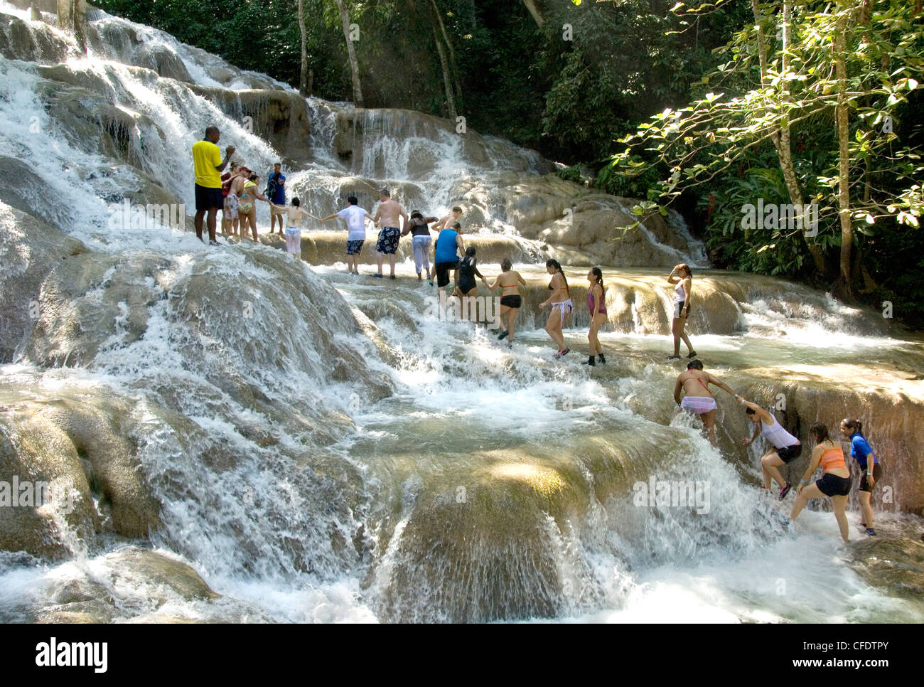 Terraces of calcite travertine forming the Dunn's River Falls, near Ocho Rios, on the north coast of Jamaica, West Indies Stock Photo