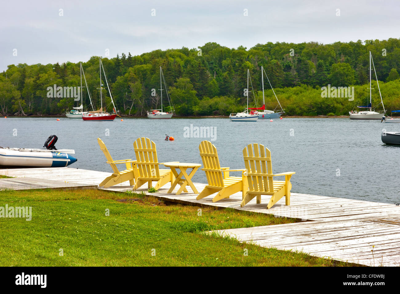 Lawn chairs on Baddeck waterfront, Bras D'or Lakes, Cape Breton, Nova