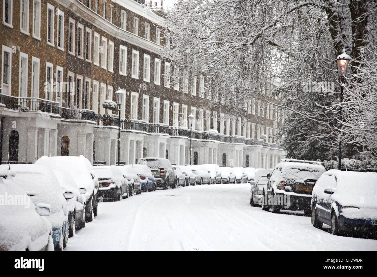 London street in snow, Notting Hill, London, England, United Kingdom, Europe Stock Photo