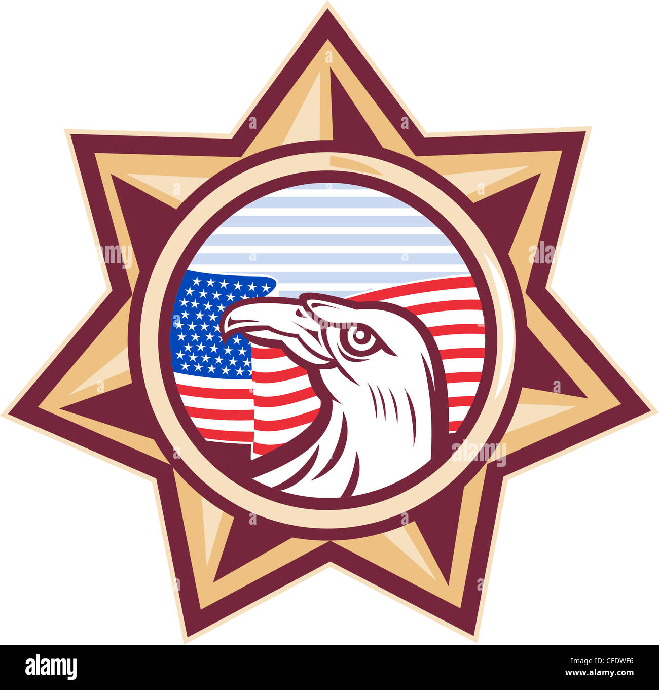 illustration of an American eagle with stars and stripes flag set inside a heptagram seven pointed star Stock Photo