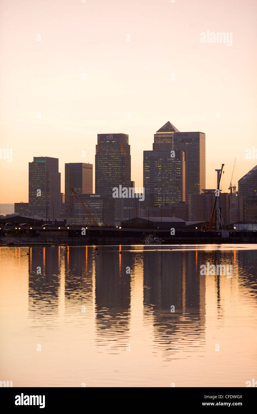 Canary Wharf seen from Victoria Wharf, London Docklands, London, England, United Kingdom, Europe Stock Photo