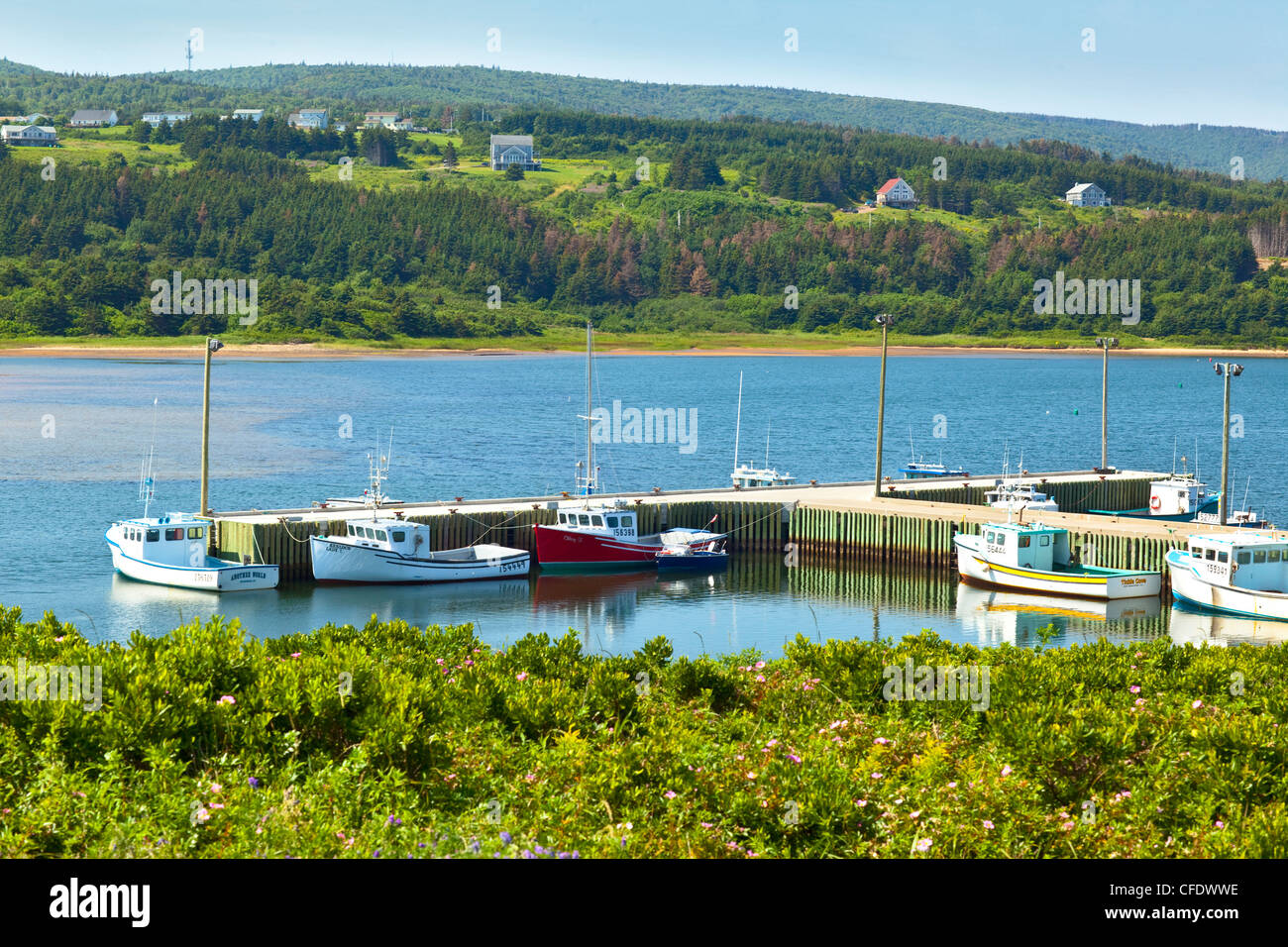 Fishing boats tied up to wharf, Inverness, Cape Breton, Nova Scotia, Canada Stock Photo