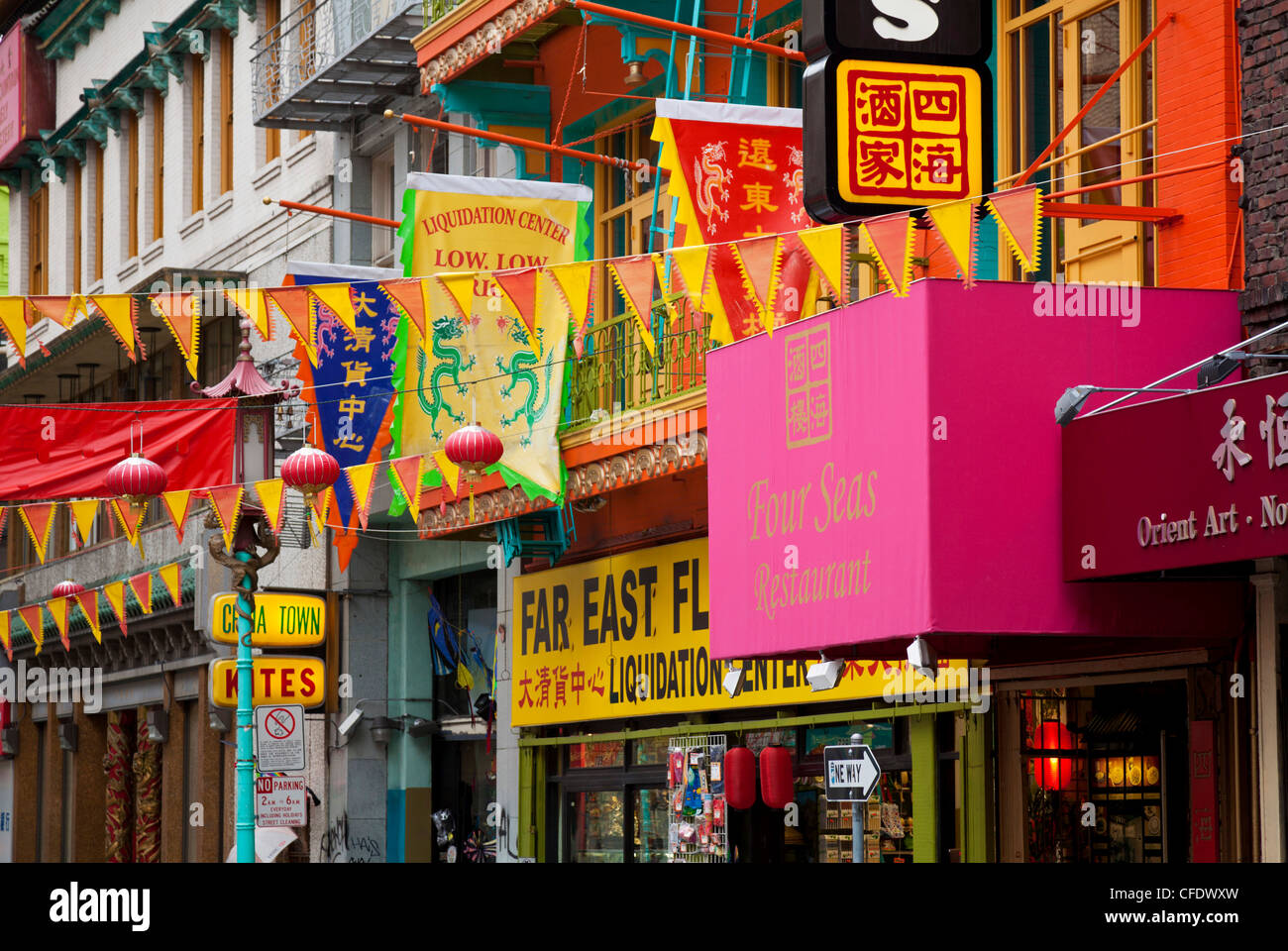 Colourful flags, banners and shopfronts in Chinatown, San Francisco, California, United States of America, Stock Photo
