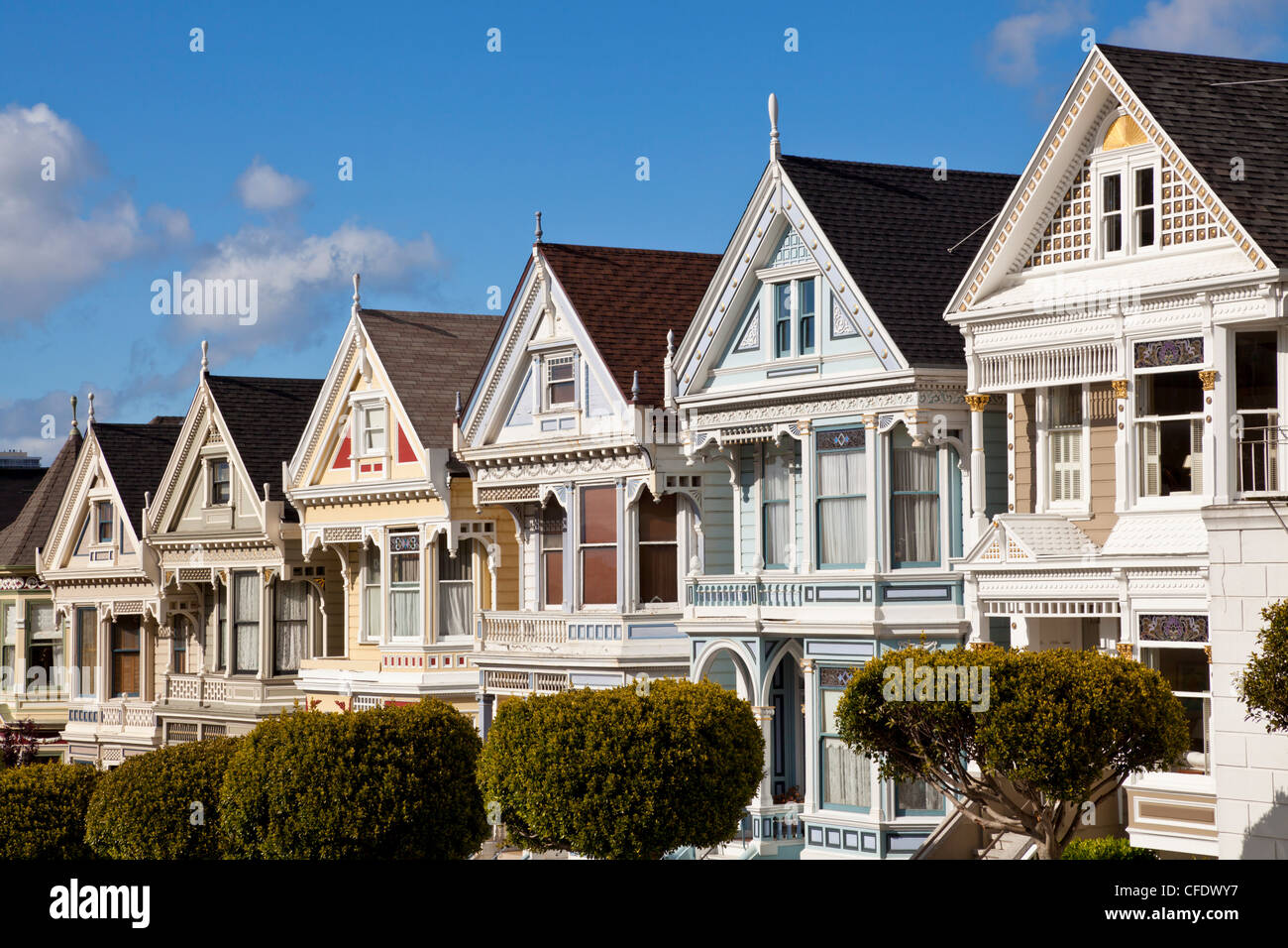 The famous Painted Ladies, well maintained old Victorian houses on Alamo Square, San Francisco, California, USA Stock Photo