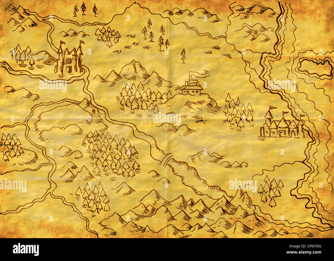 illustration drawing of a map of a fantasy land showing rivers