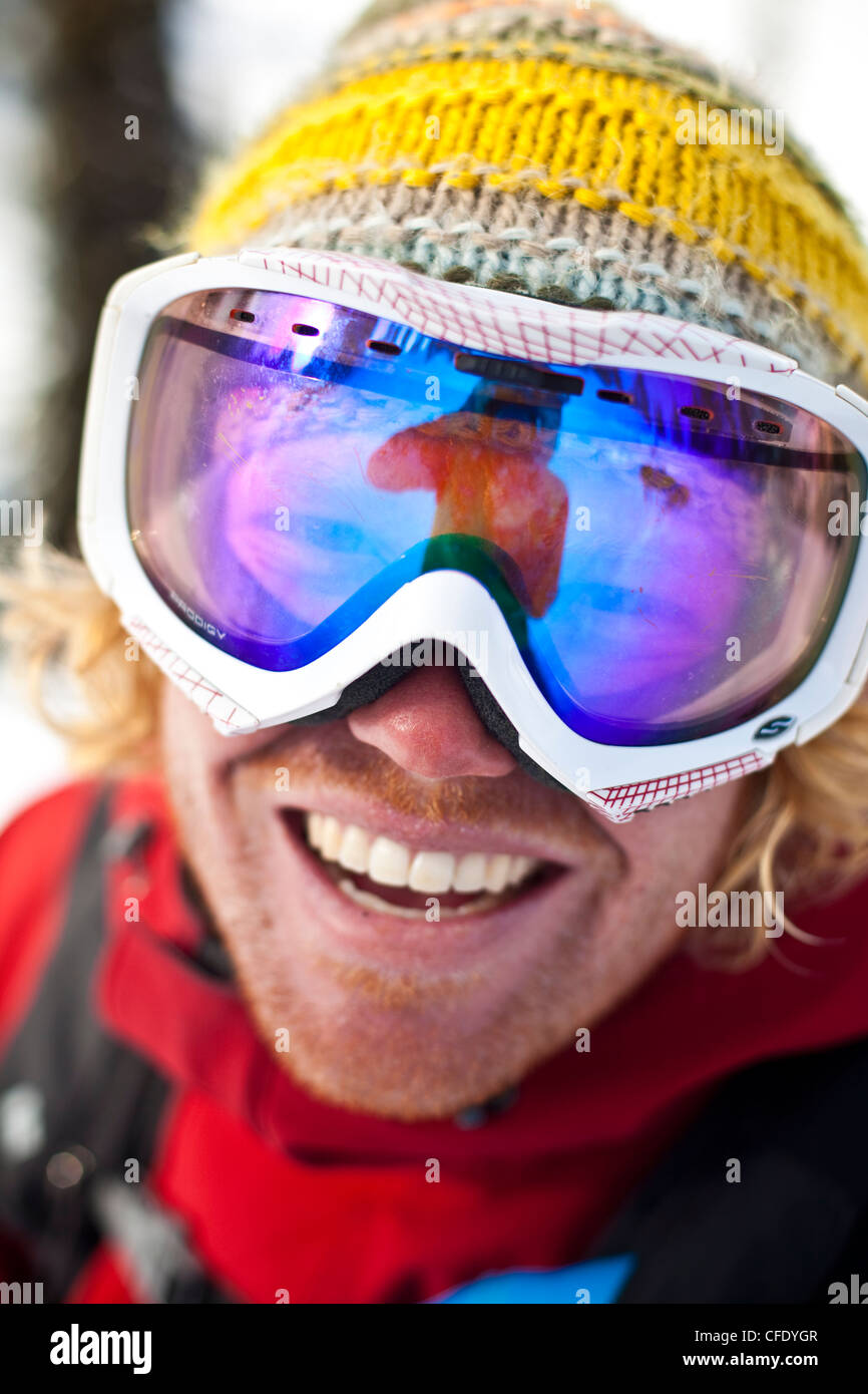 A happy skier after a great day backcountry skiing. Monashee mountains, British Columbia, Canada Stock Photo
