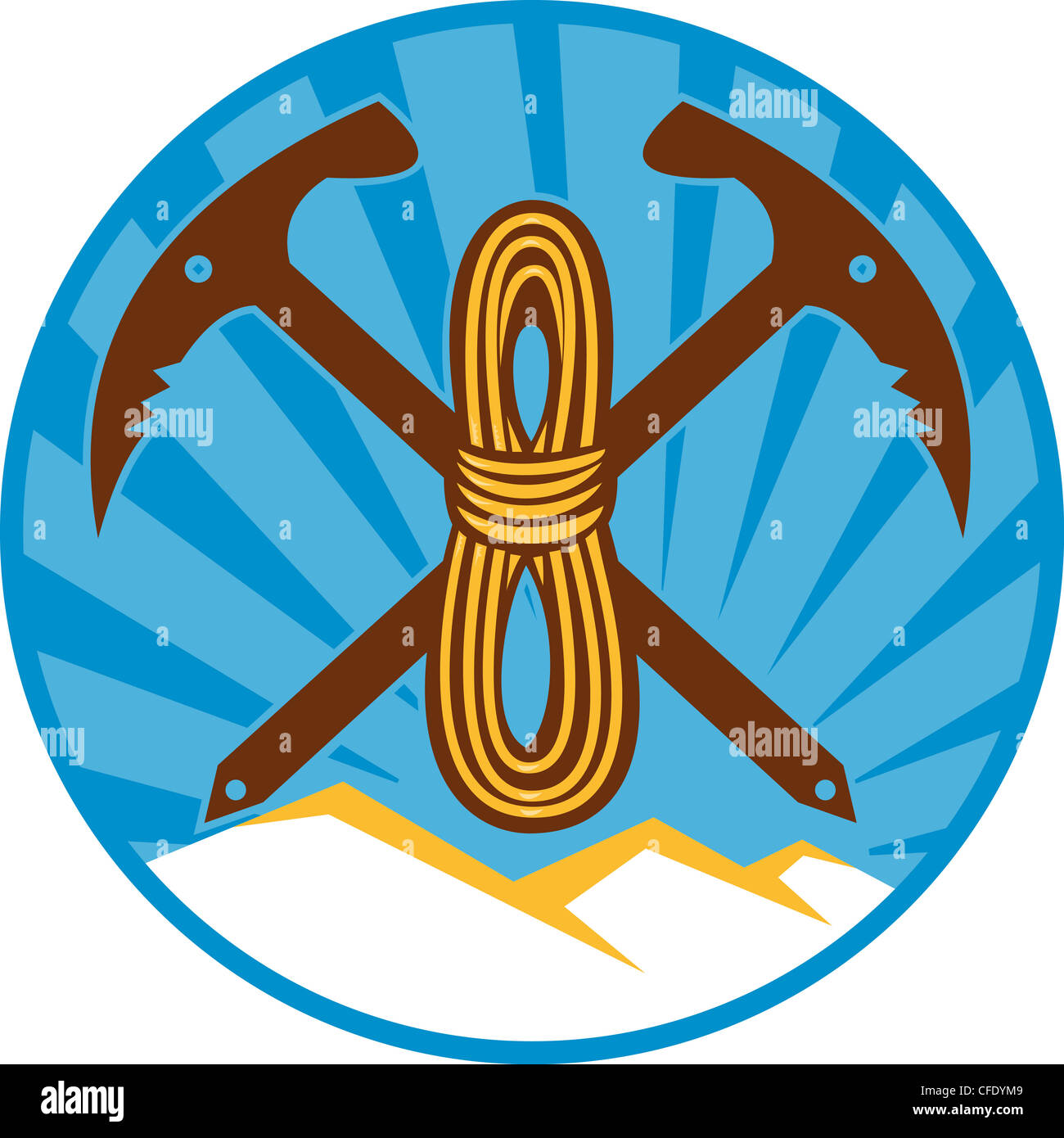 Illustration of a pick axe with rope mountains in the background set inside circle done in retro style Stock Photo