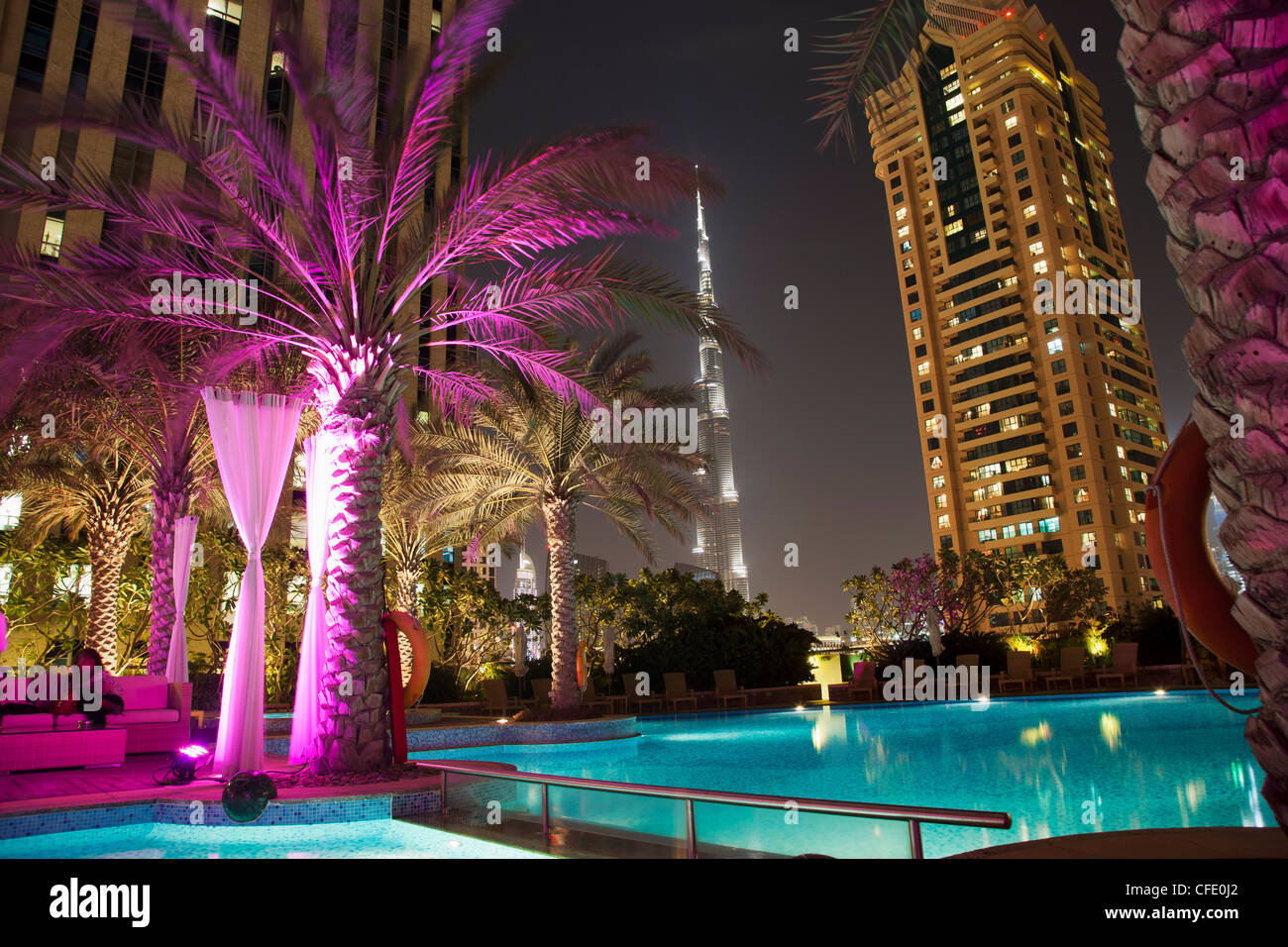 Night view of Burij Khalifa Tower, Dubai, United Arab Emirates, Middle East Stock Photo