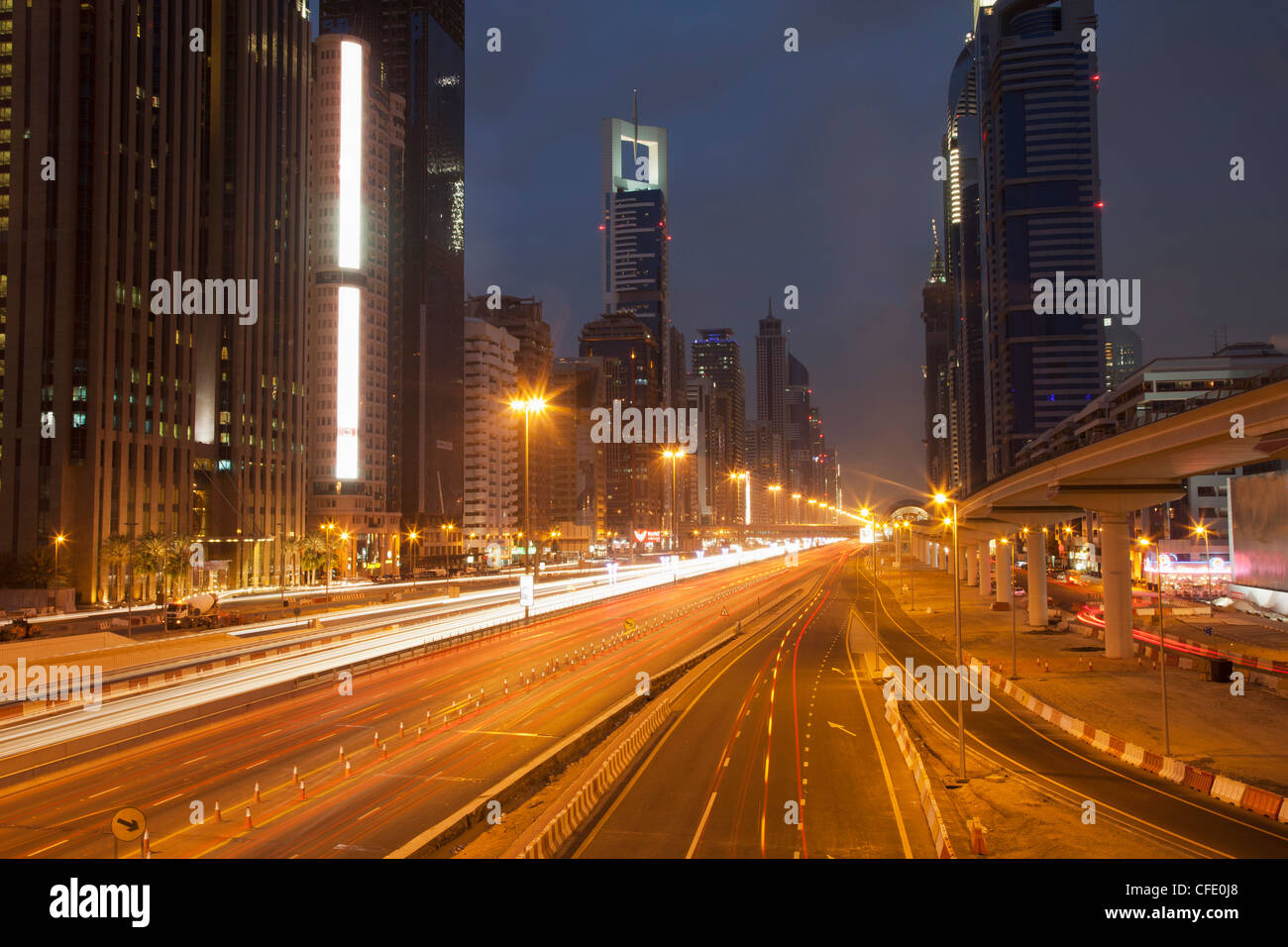Night view of Sheikh Zayed Road, Dubai, United Arab Emirates, Middle