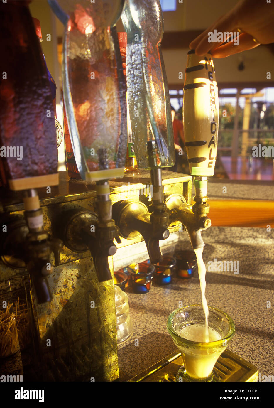 Cider taps pouring cider at Merridale Estate Cidery and Brandihouse, Cobble Hill, British Columbia, Canada Stock Photo