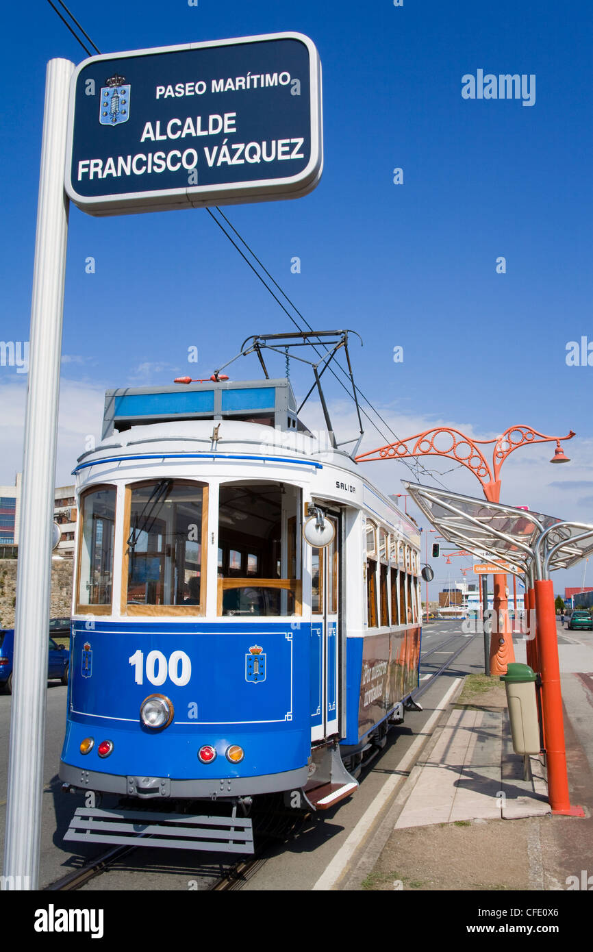 Paseo Maritimo Tram, La Coruna City, Galicia, Spain, Europe Stock Photo
