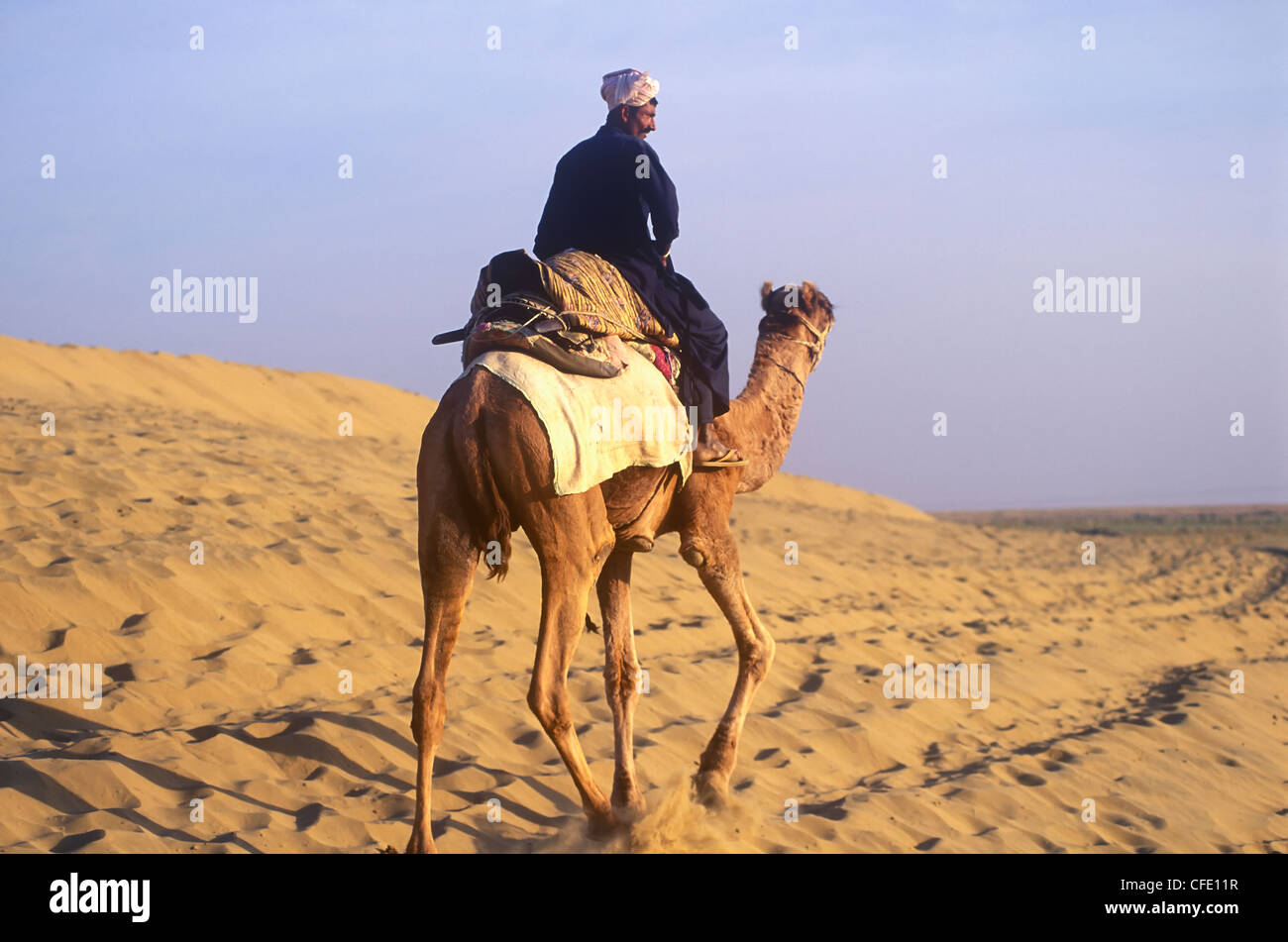 A camel driver on the Sam Sand Dunes, located 40 km west of Jaisalmer, India. Stock Photo