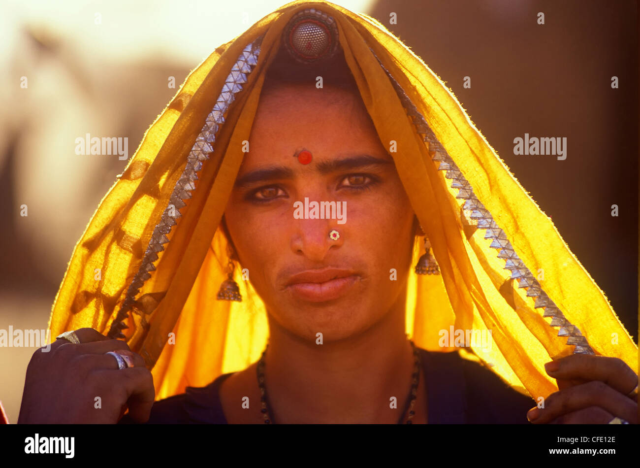 Rajasthani woman at Pushkar camel fair in Rajashan, India. Stock Photo