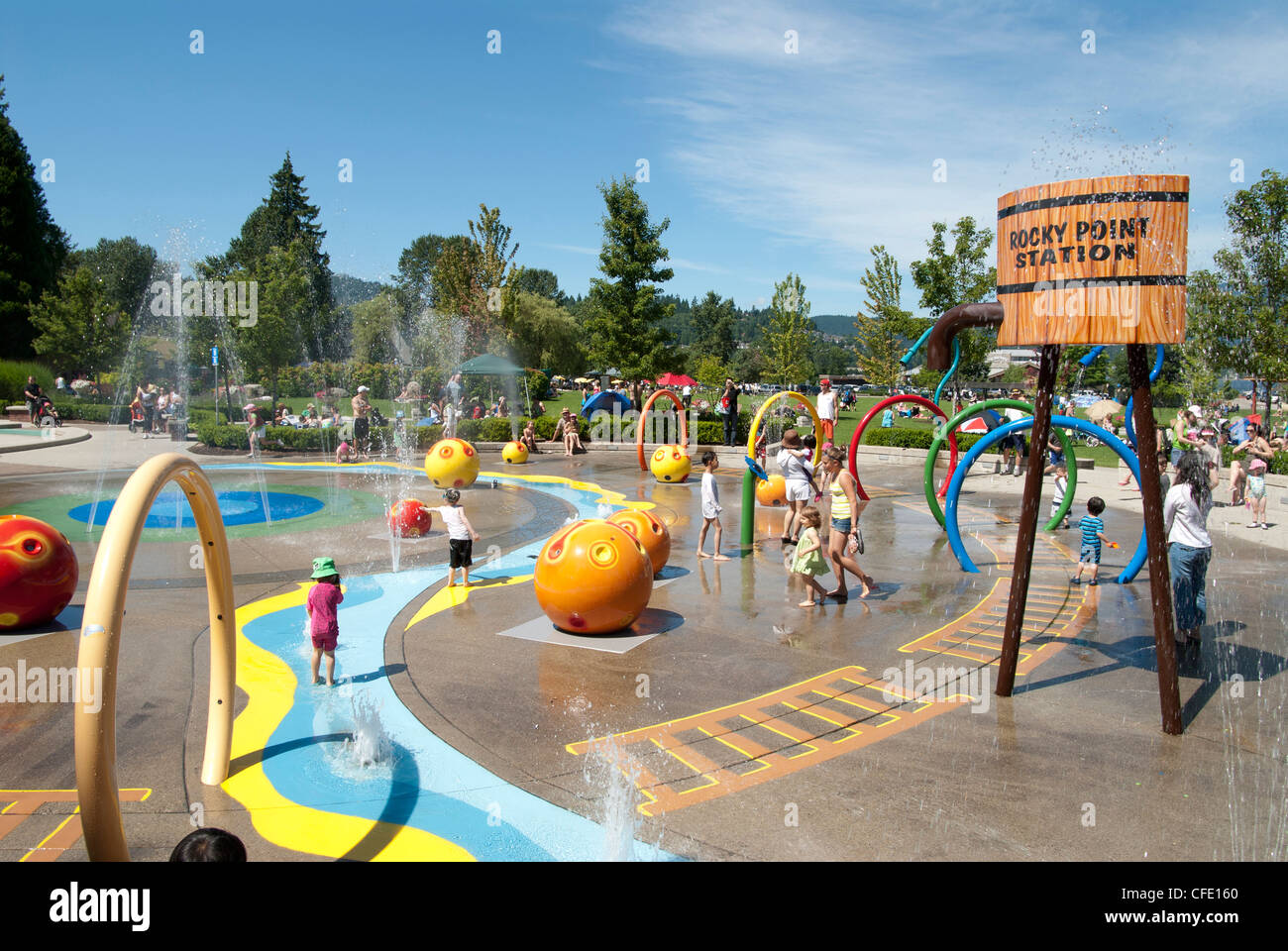The spray park at Rocky Point Park in Port Moody, British Columbia, Canada. Stock Photo