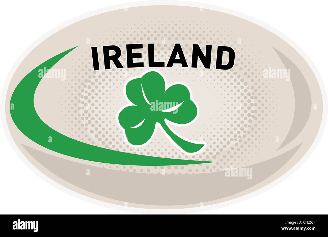 illustration of a rugby ball with Irish shamrock clover leaf and words Ireland on isolated white background Stock Photo