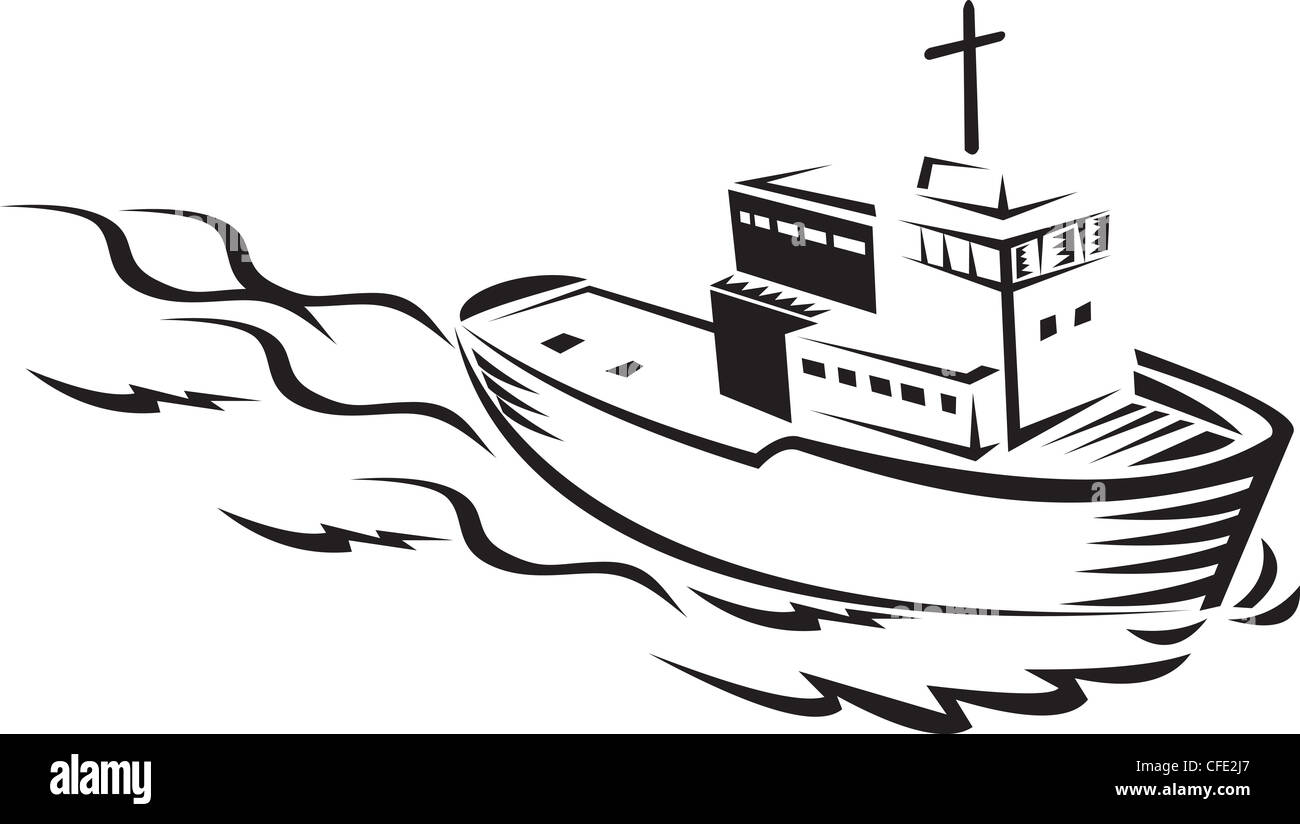 illustration of a commercial fishing boat ship on sea with clouds and fish done in retro woodcut style black and white Stock Photo