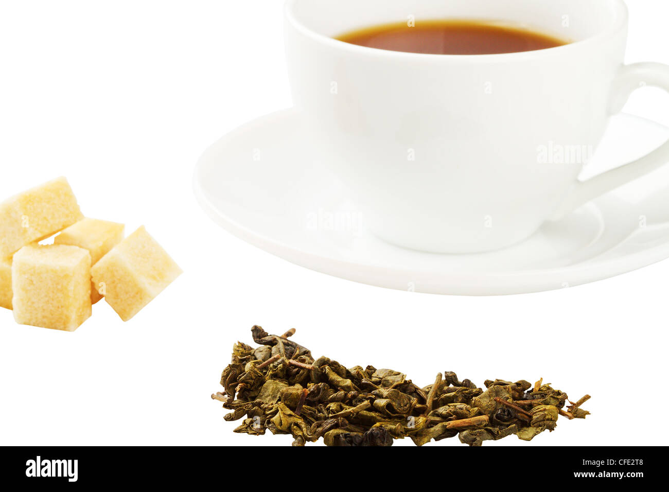black tea, sugar, dried tea leaves isolated on a white background Stock