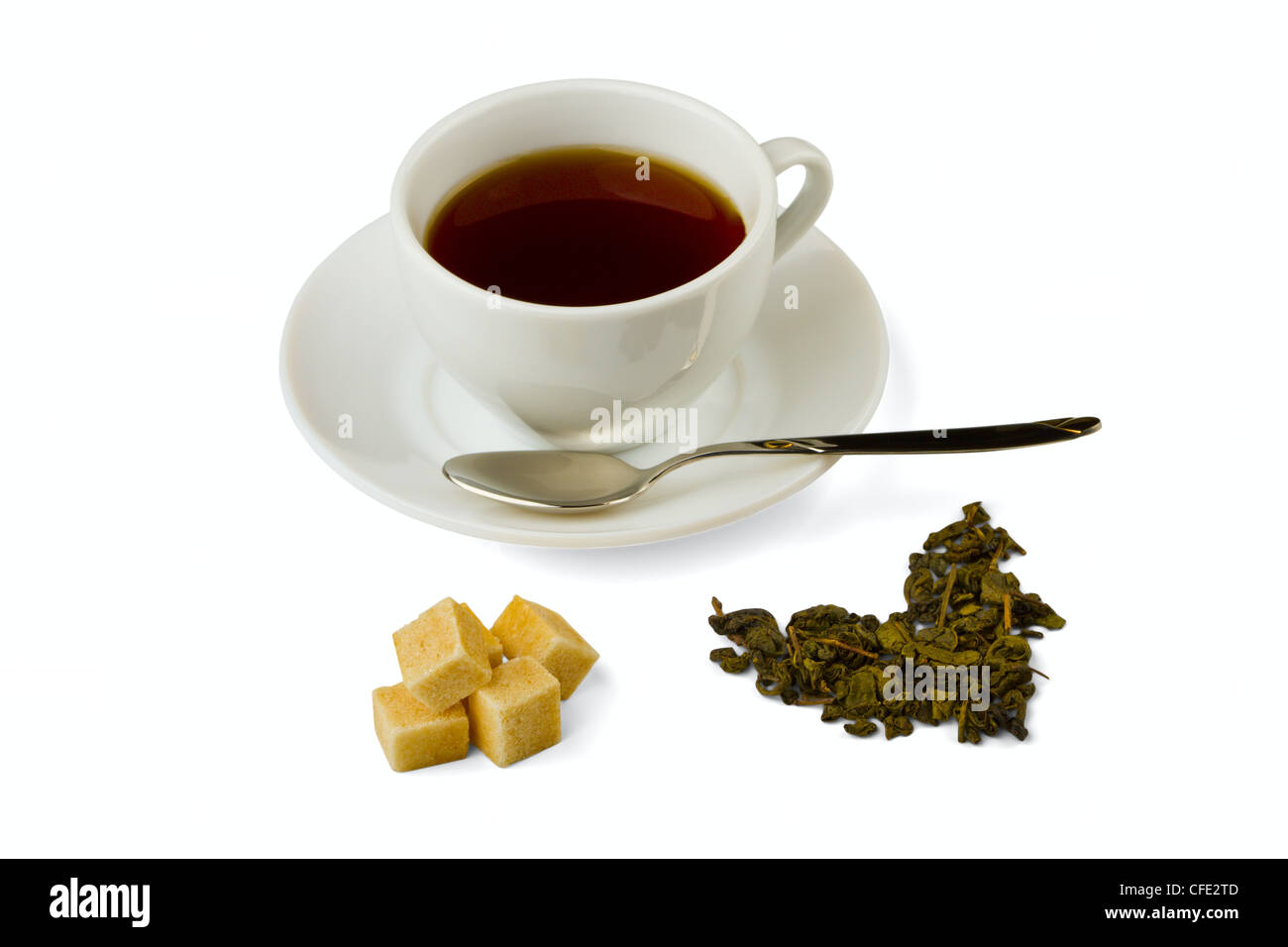 black tea, sugar, dried tea leaves isolated on a white background Stock