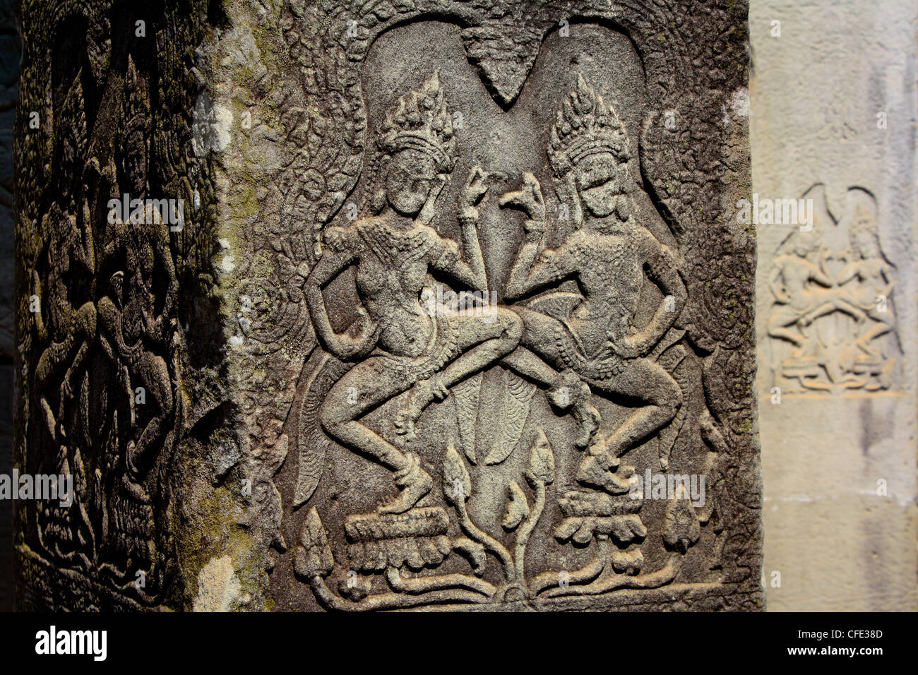 Excellent fine carving of Khmer relief work on a column in Ankor temple. Stock Photo