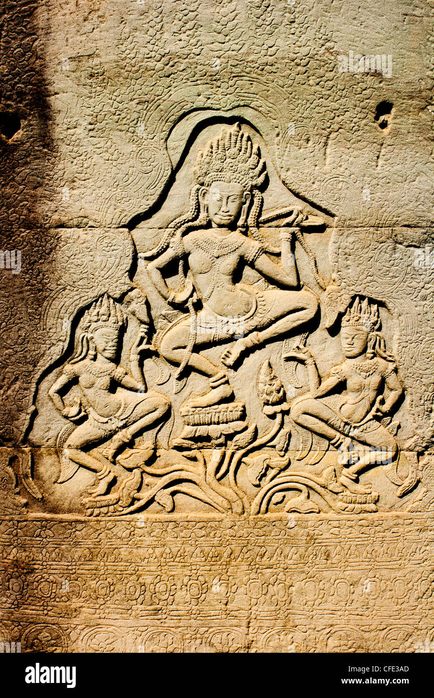 Fine stone carved relief of Khmer era temple Stock Photo
