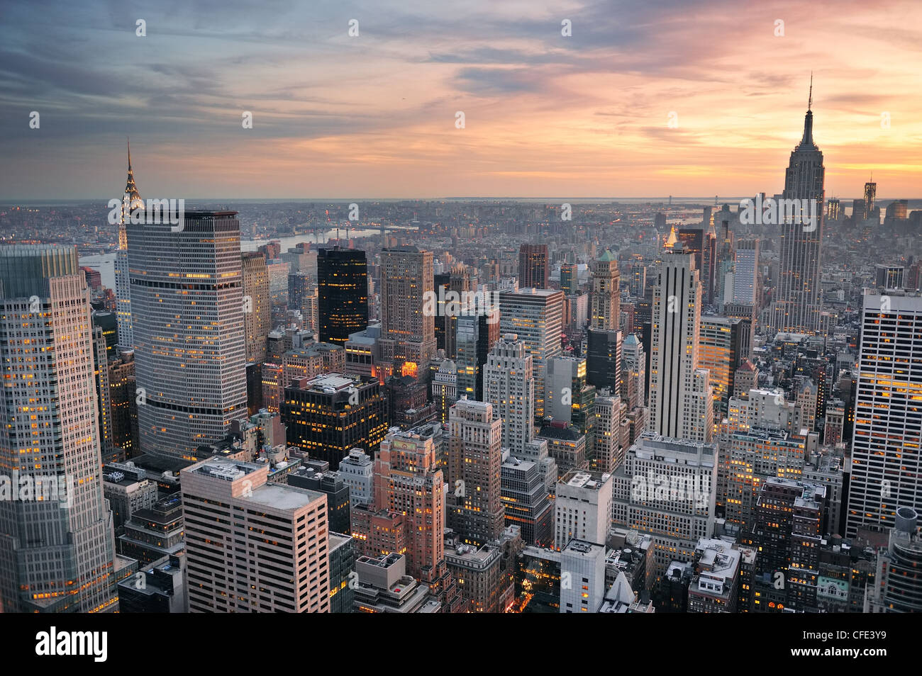 New York City skyline aerial view at sunset with colorful cloud and ...