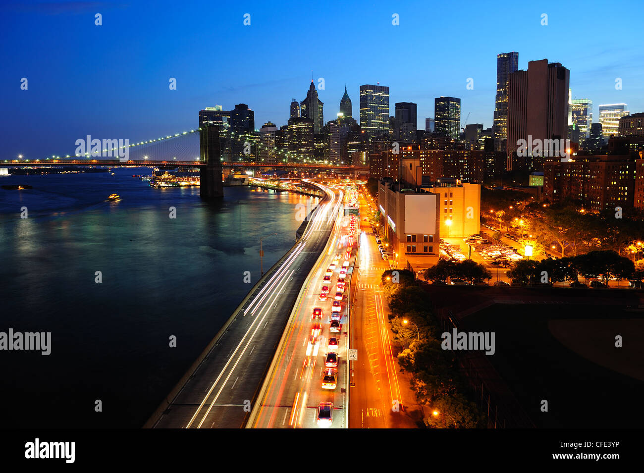 New York City Manhattan downtown skyline aerial view at dusk with ...