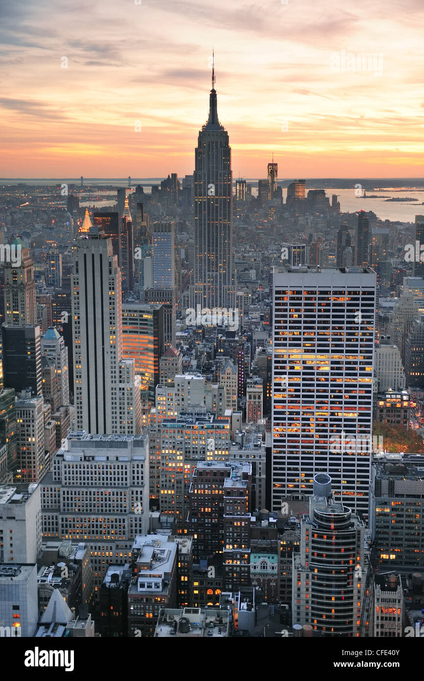 New York City skyline aerial view at sunset with colorful cloud and ...