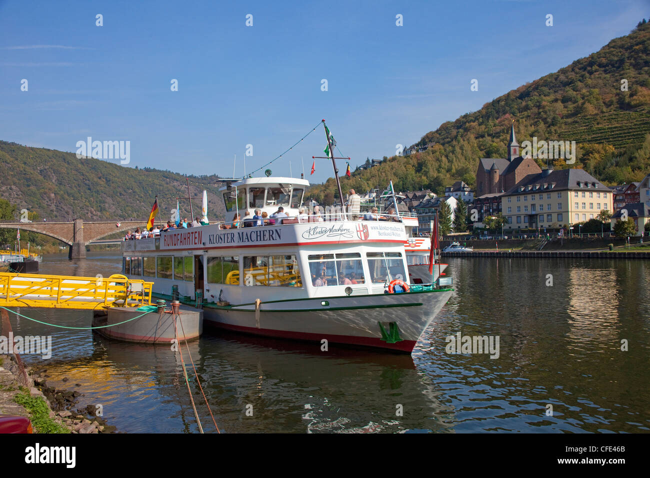 Moselle excursion ship at landing stage, sightseeing tours on Moselle river, Cochem, Rhineland-Palatinate, Germany, Europe Stock Photo
