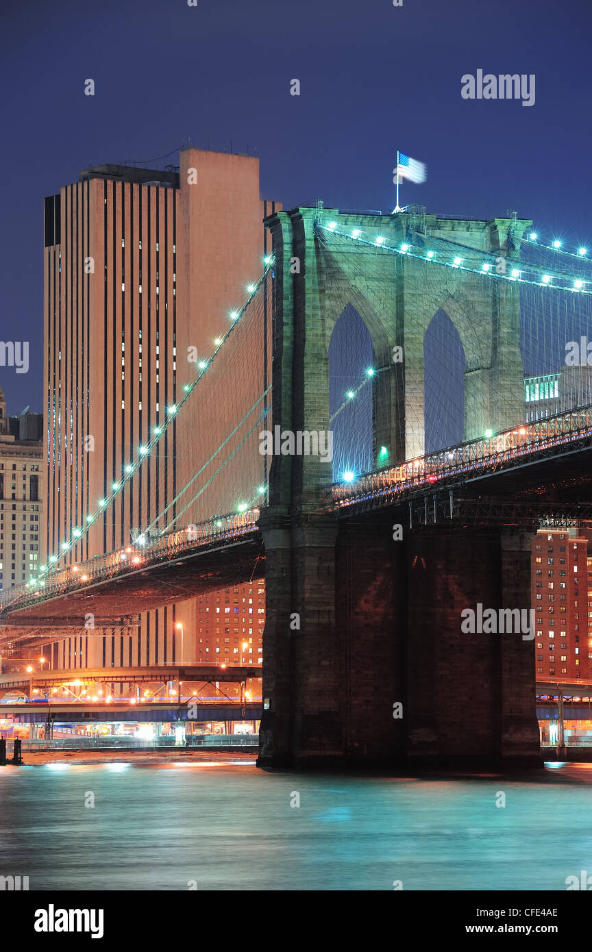 New York City Brooklyn Bridge closeup with downtown skyline over East ...