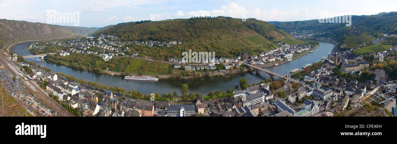 Panoramic view, river loop of Moselle river at the town Cochem, Moselle, Mosel river, Rhineland-Palatinate, Germany, Europe Stock Photo