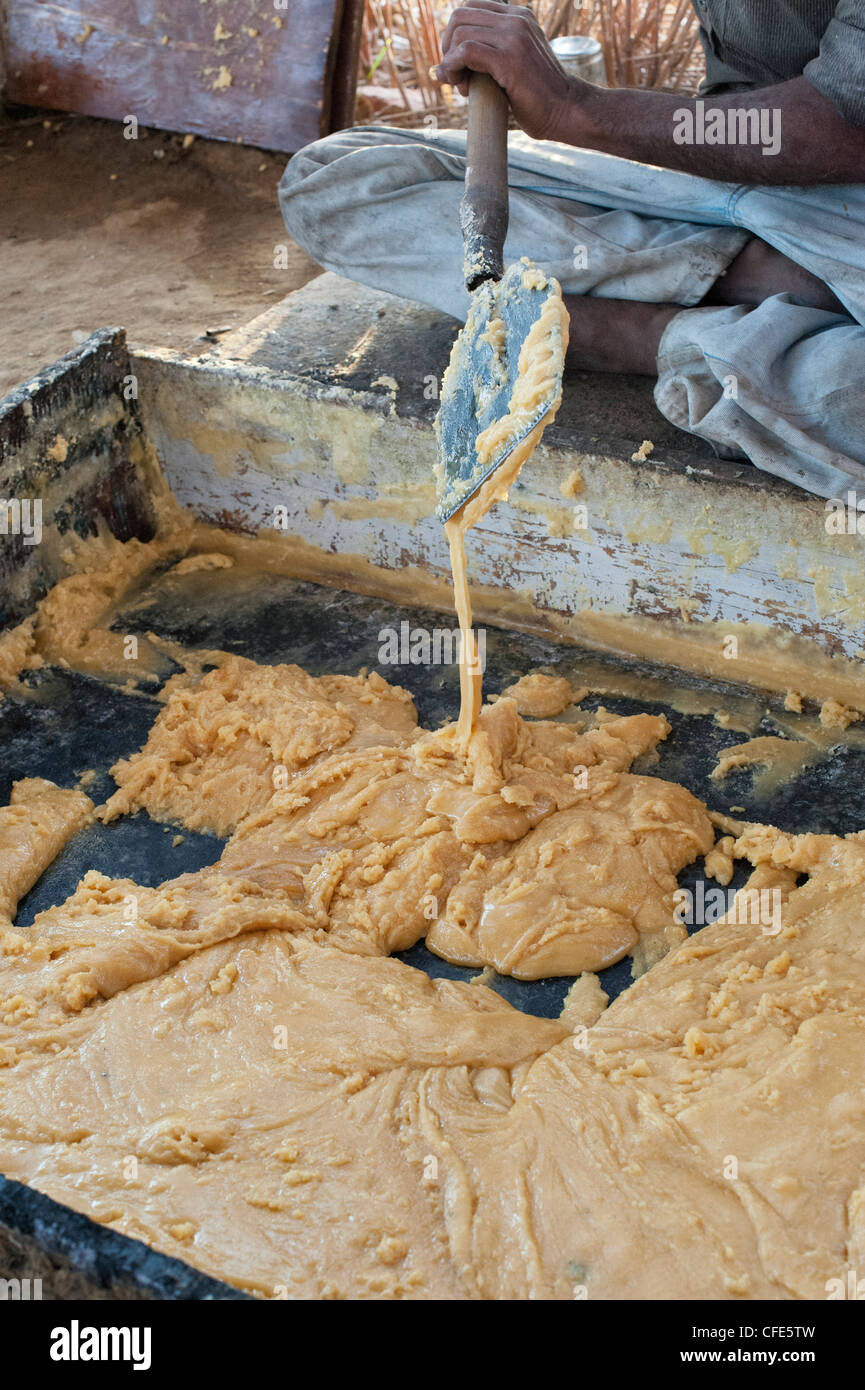 Jaggery production in the rural south Indian countryside. Raw unrefined sugar in a cooling trough before rolling. Andhra Pradesh, India Stock Photo