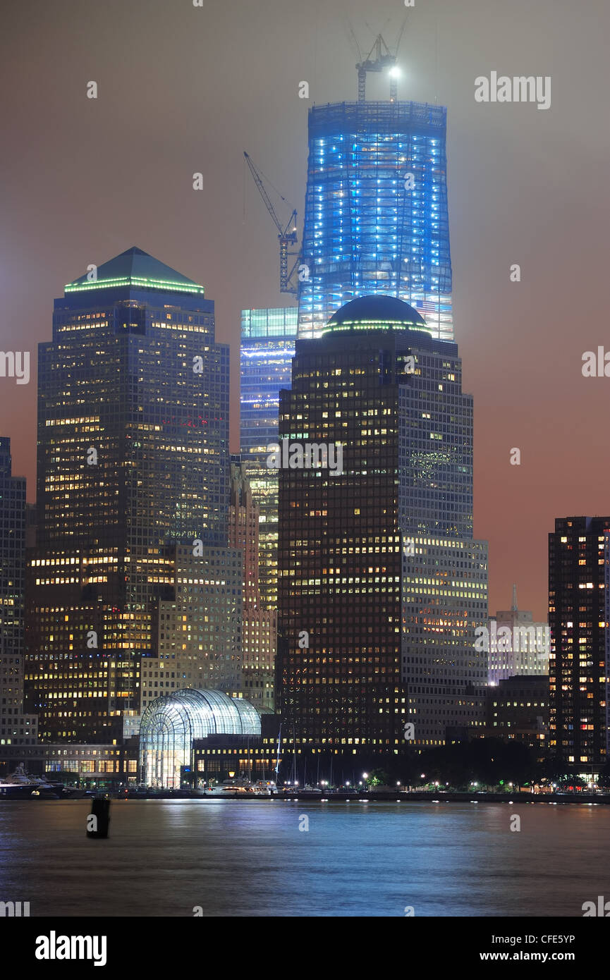 New York City Manhattan downtown skyline at night with skyscrapers over ...