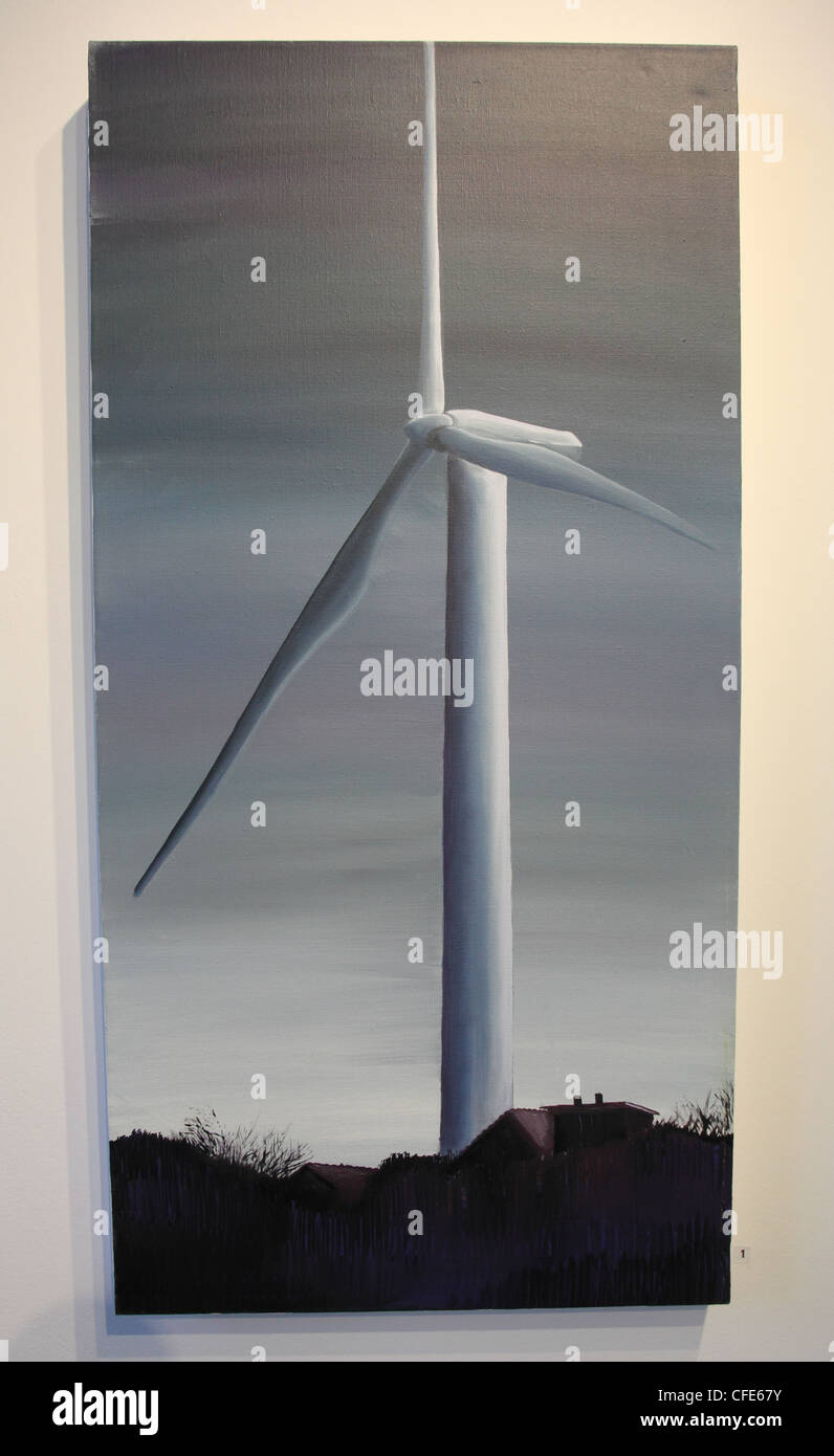 Painting of windturbine at Lattan, Co. Monaghan by Orlagh Meegan-Gallagher, Market Gallery, Monaghan, Ireland Stock Photo