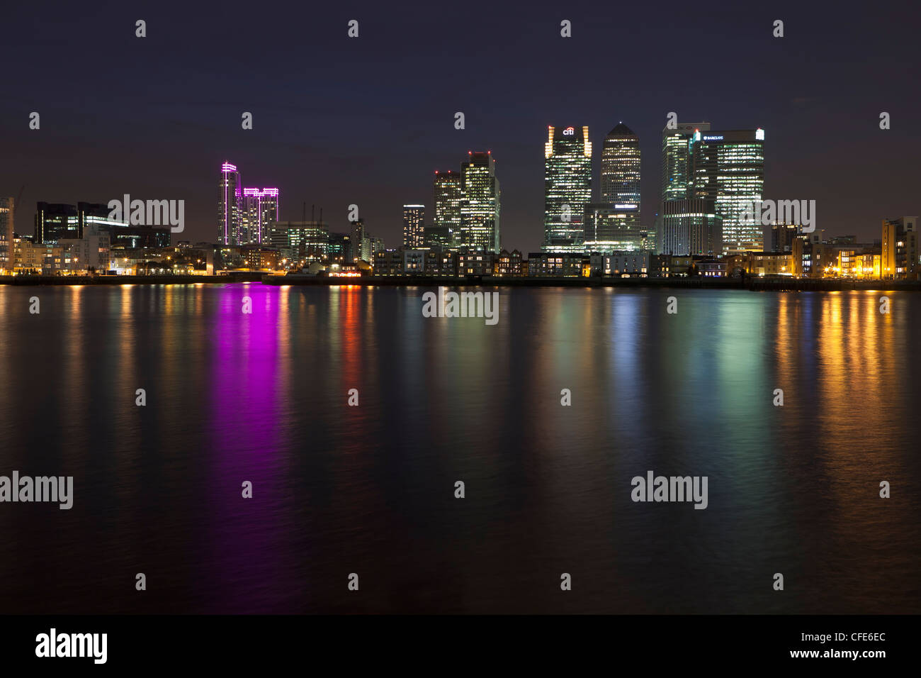 Canary Wharf financial district viewed over the river Thames, London, UK Stock Photo