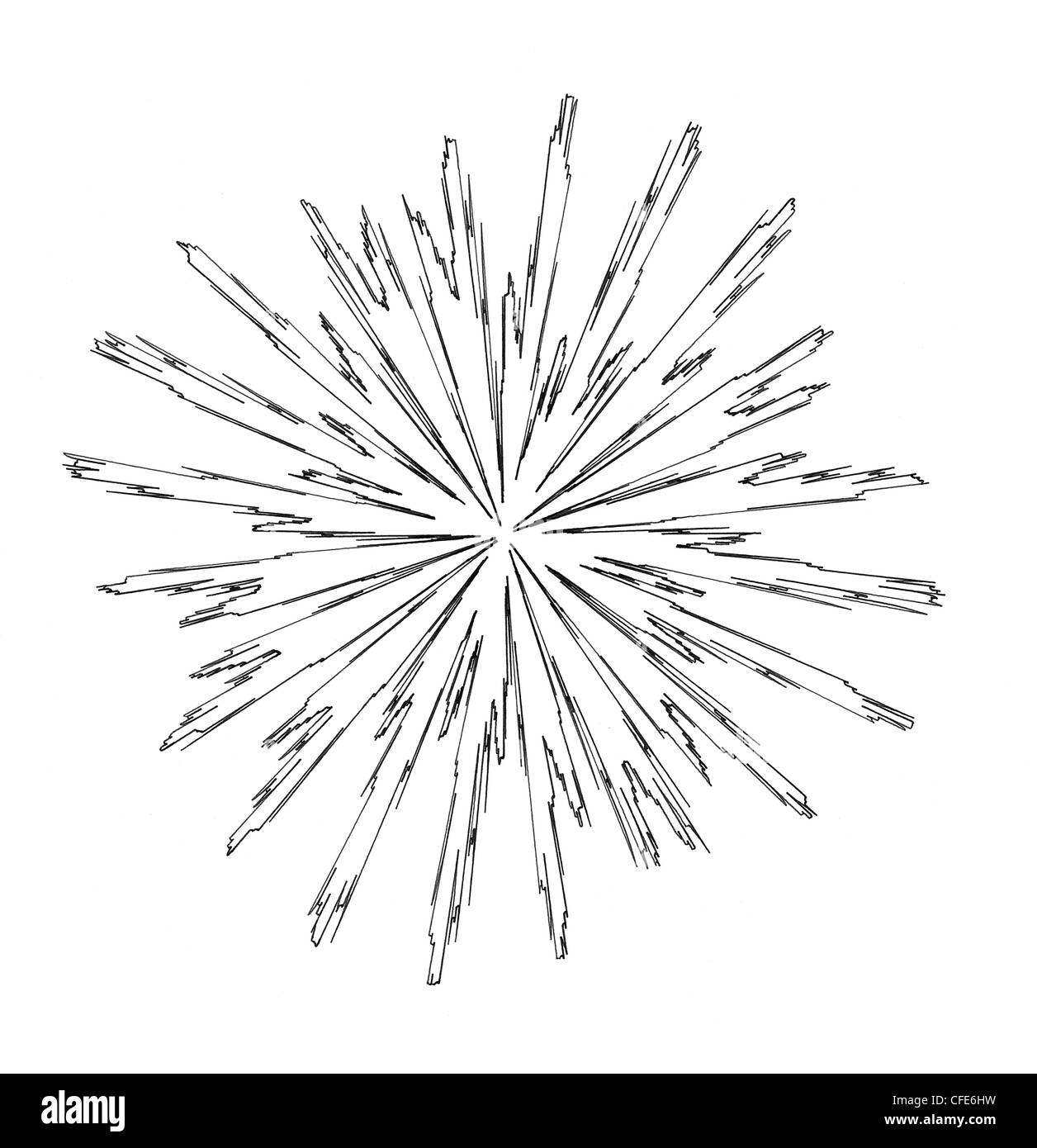 Circular based drawing where the loops are drawn with varying size and programmed to have a jagged effect. Stock Photo
