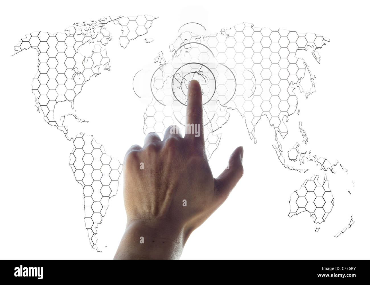 hand and world map digital searching concept Stock Photo