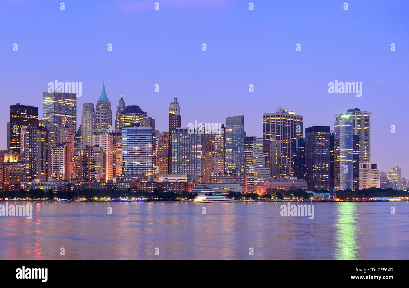 New York City Manhattan downtown skyline at dusk with skyscrapers ...